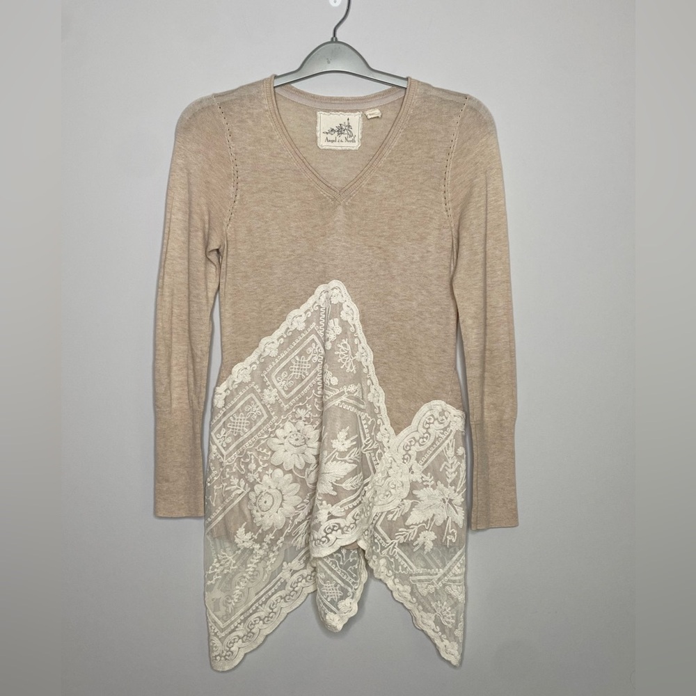Anthropologie Angel of the North Sweater SzM Lace Hankerchief Hem Lagenlook Boho - Picture 2 of 12